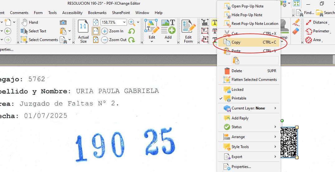 Menú para copiar el código QR en el documento